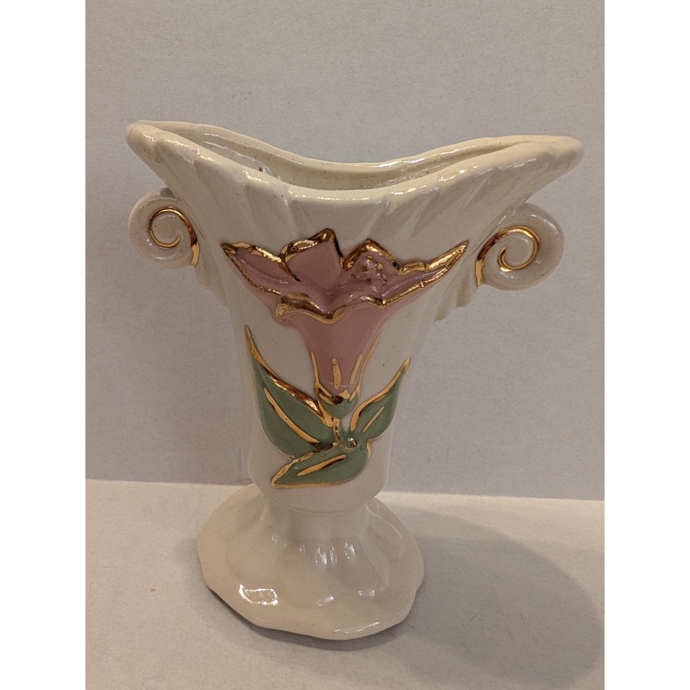 Vtg Hull Pottery 6" Vase Ivory with Pink Flower Handpainted Gold Trim Unmarked